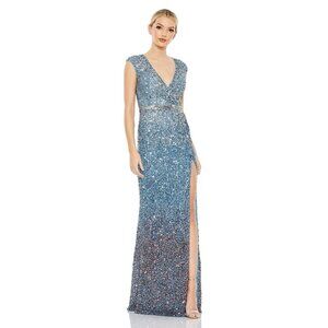 NWT Mac Duggal Cap Sleeve Sequined High Slit Gown Blue Ombre 12 #8316